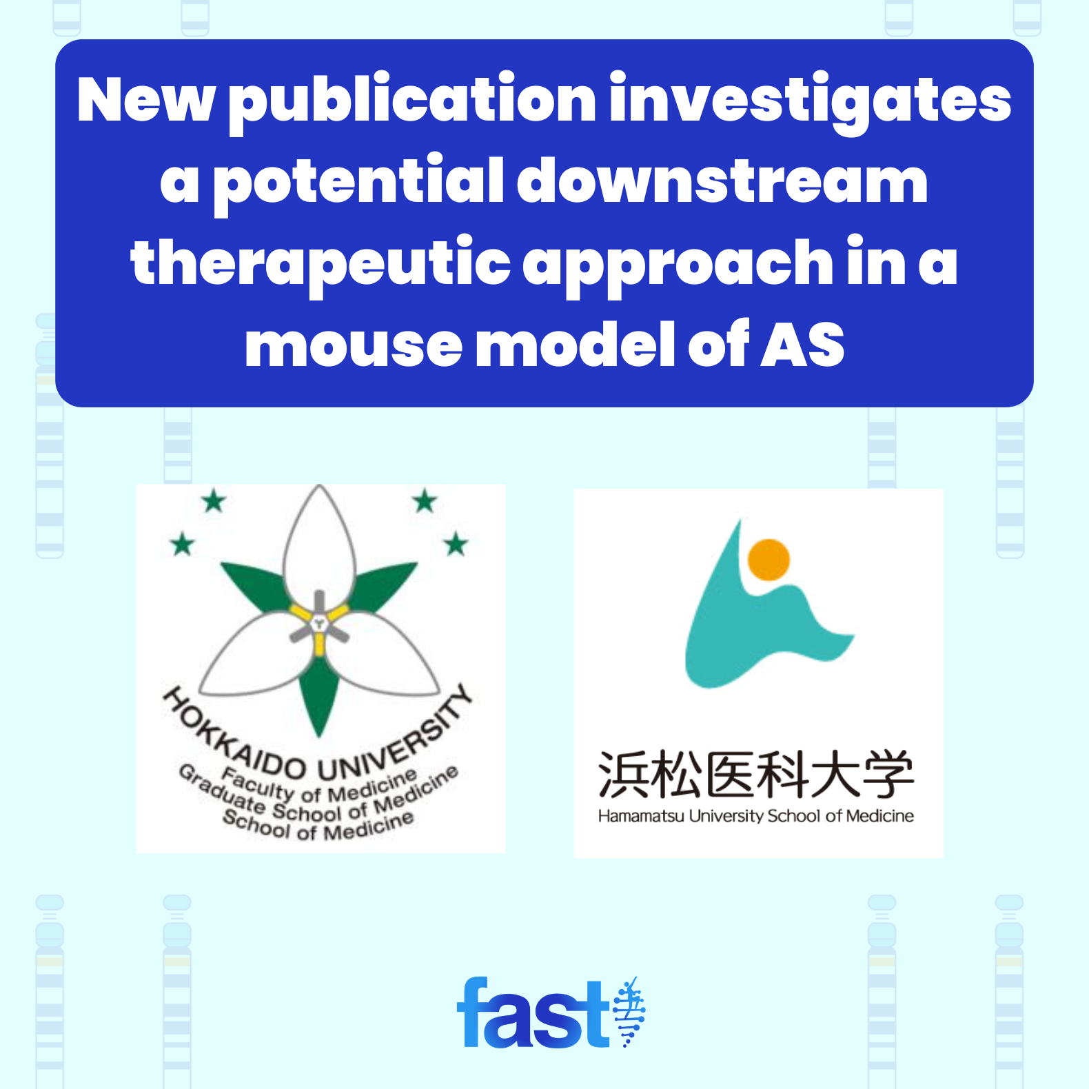 New publication investigates a potential downstream therapeutic approach in a mouse model of AS, with the logos of Hokkaido University School of Medicine and Hamamatsu University School of Medicine