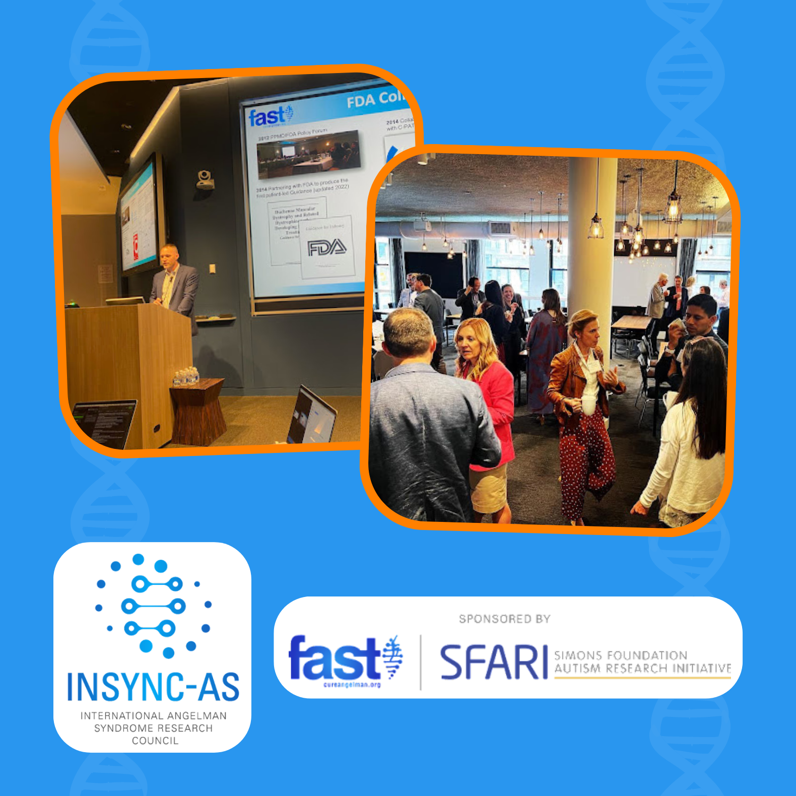 Photos from the INSYNC-AS meeting - a speaker, and people connecting - with the INSYNC, FAST, and SFARI logos