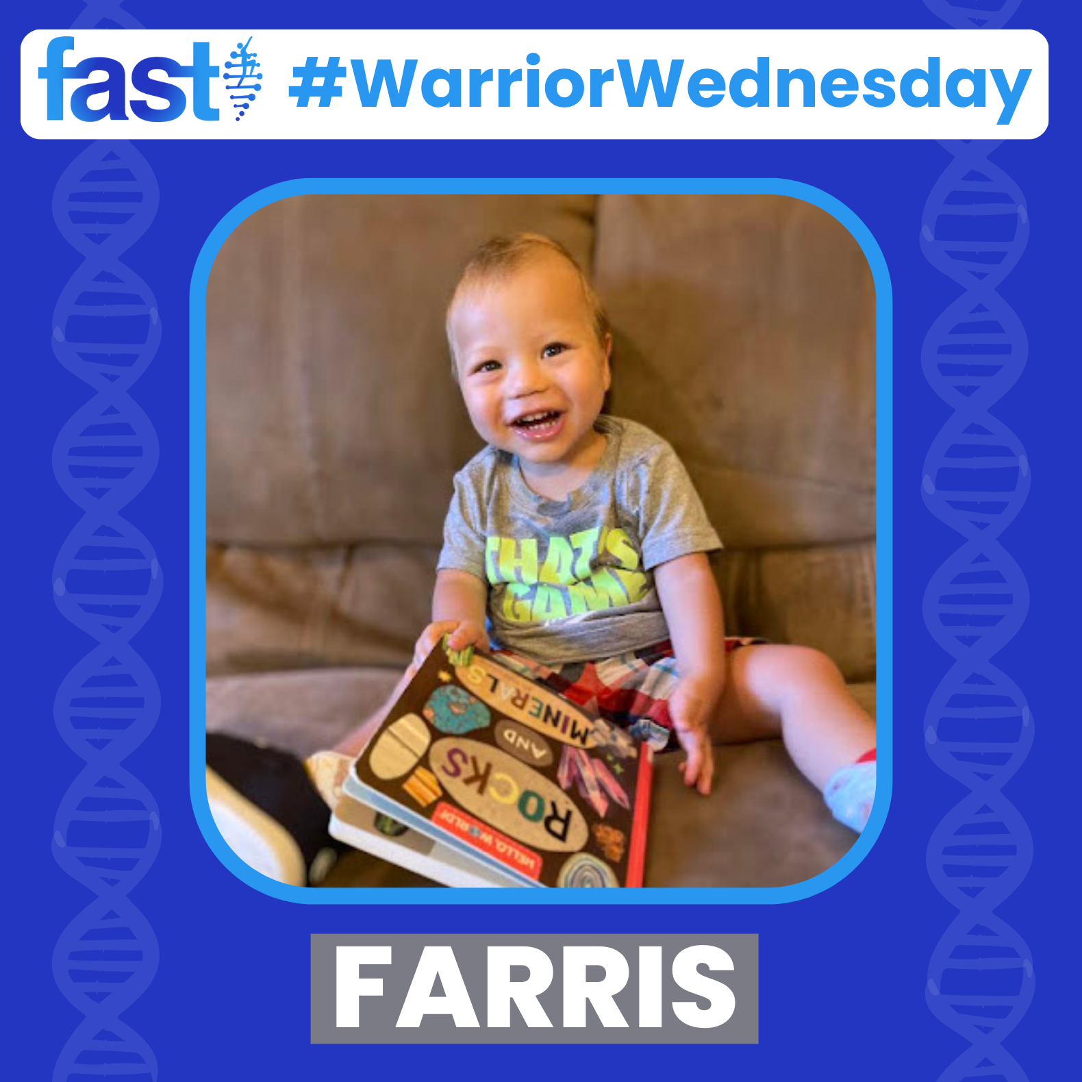 Warrior Wednesday - Farris, with a photo of Farris sitting on a couch with a book